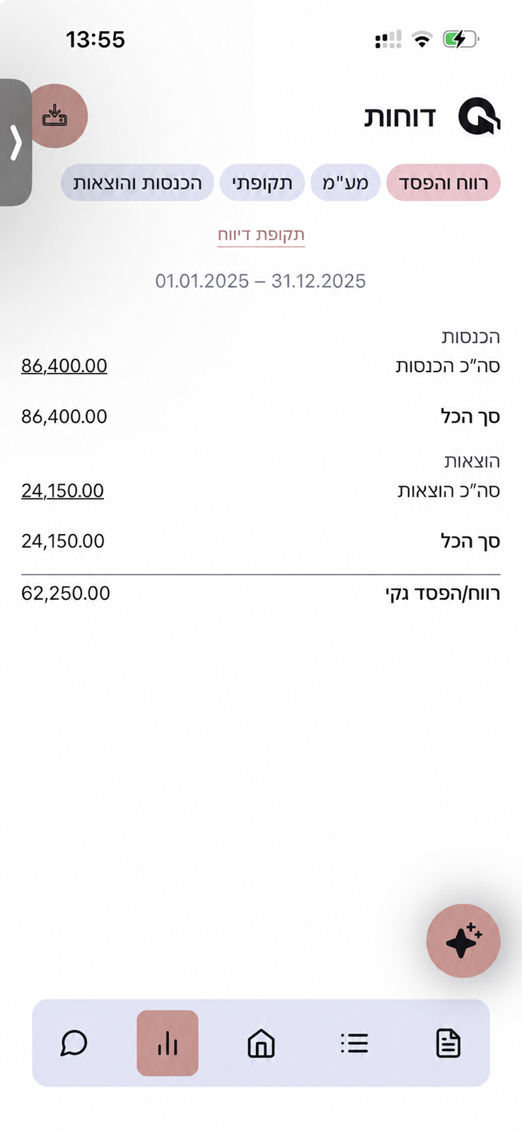 דוח Qwiki עם נתוני הכנסות והוצאות פיקטיביים